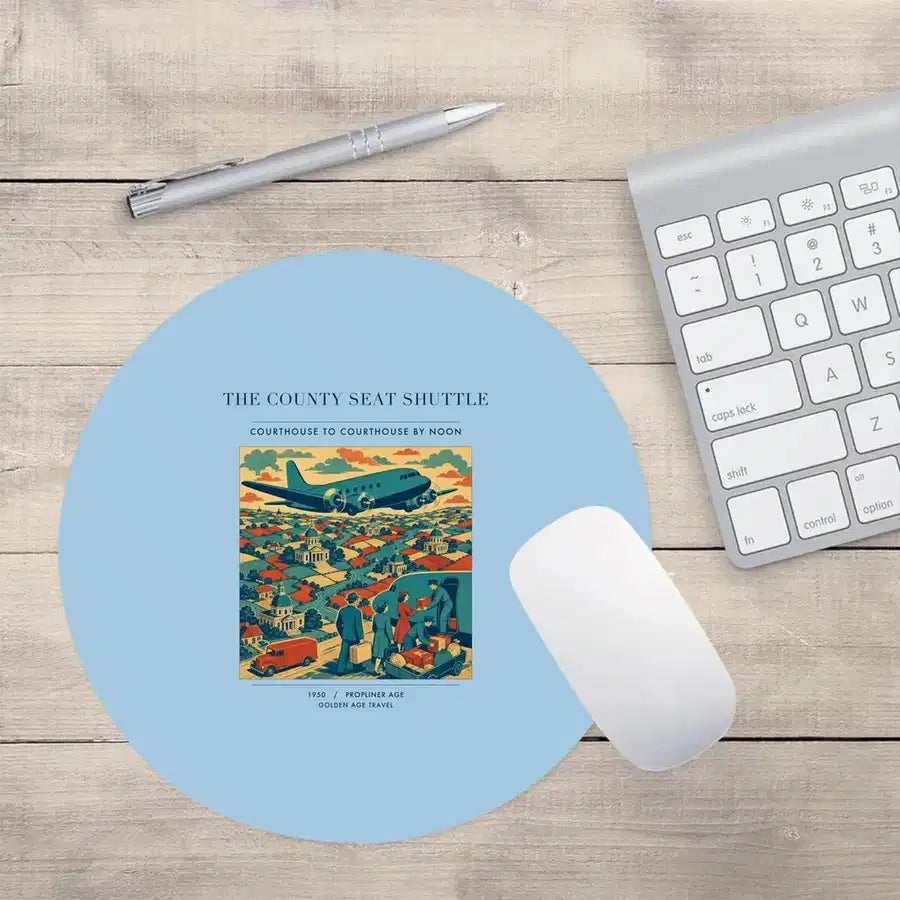 VINTAGE G4388 - The County Seat Shuttle - Designed Mouse Pads design on lightblue round