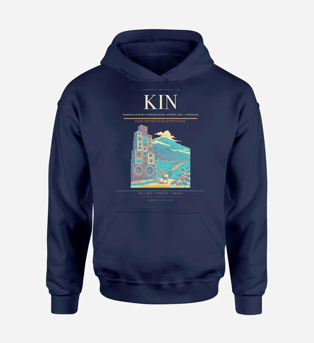 Norman Manley International Airport (KIN) design on navy blue hoodie single-side print