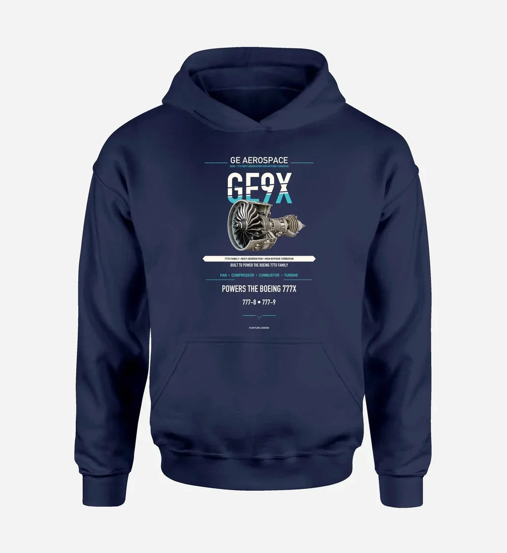 GE9X design on navy blue hoodie single side