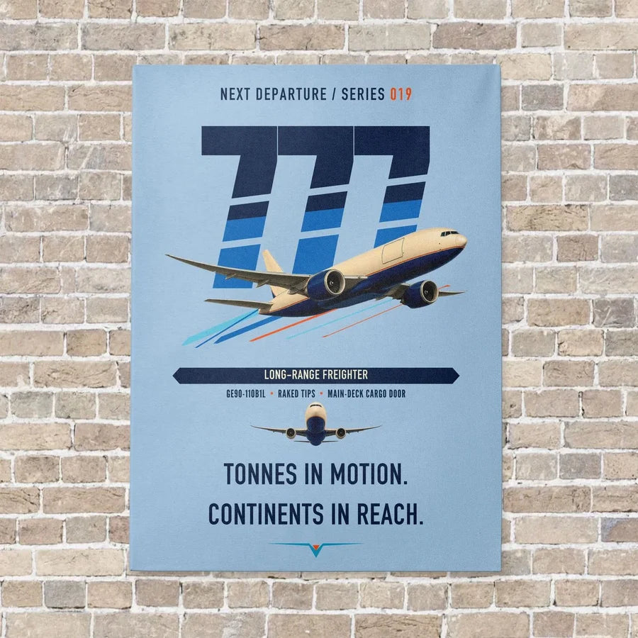 Boeing 777F vertical canvas print - no frame - light blue background