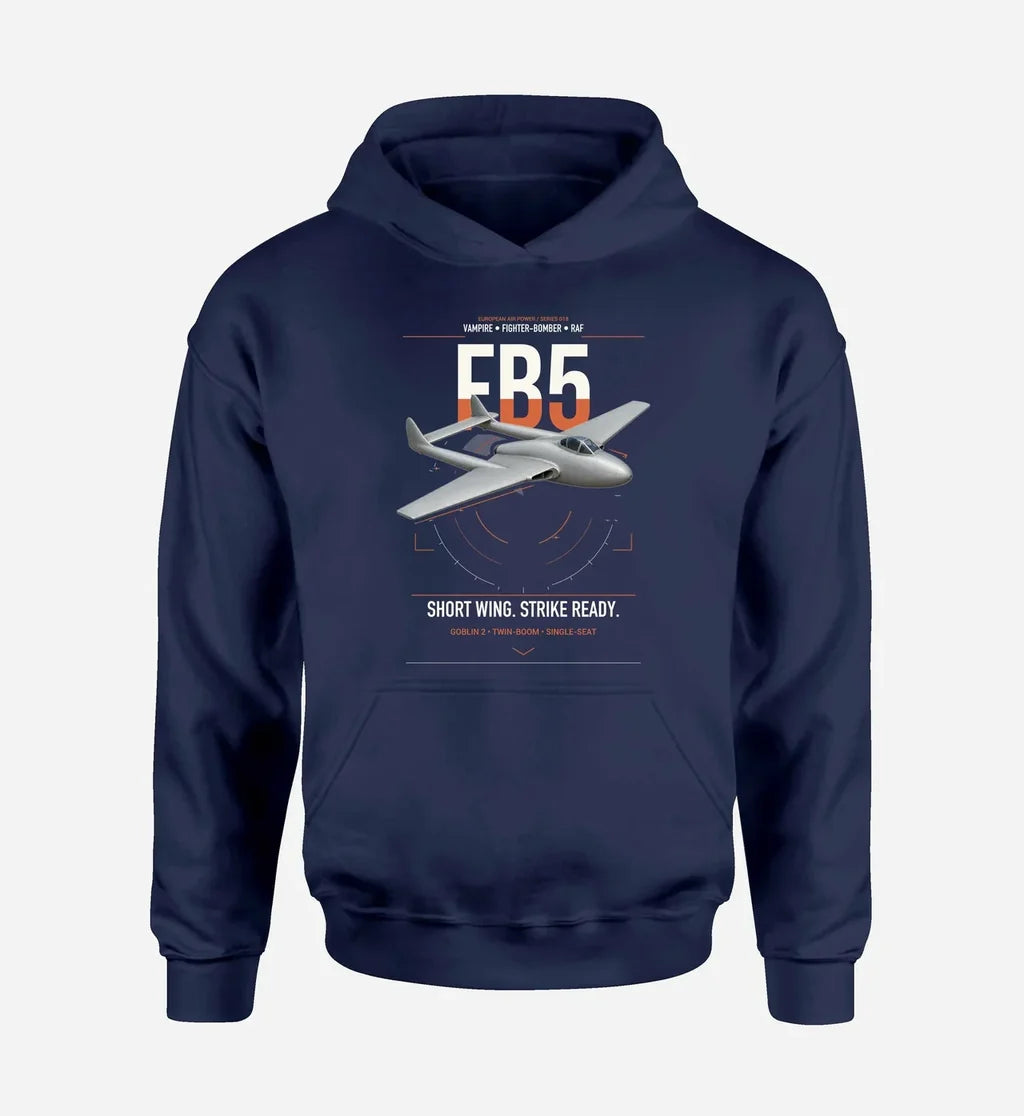 de Havilland Vampire FB5 design on navy blue double-side hoodie, single-side print