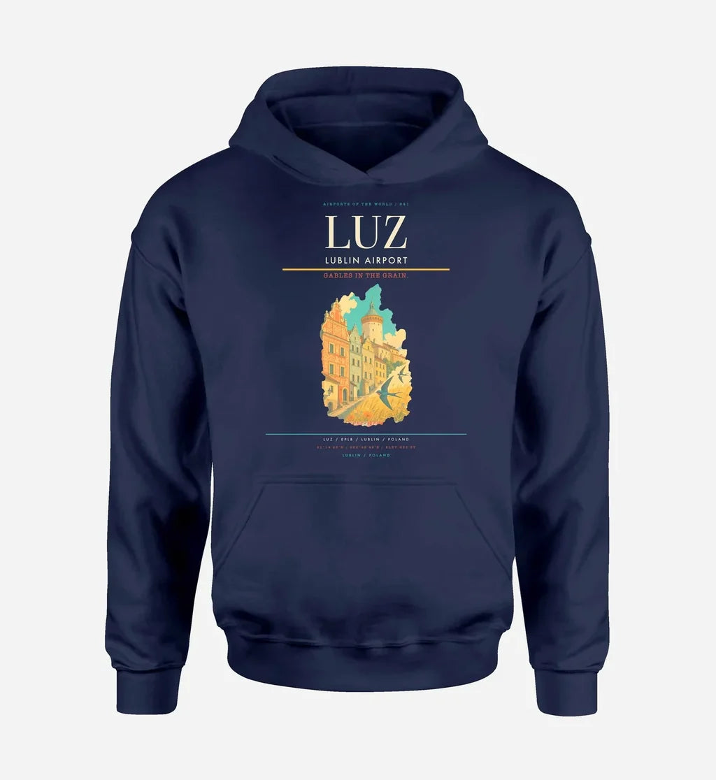 Lublin Airport (LUZ) design on navy blue hoodie single-side print