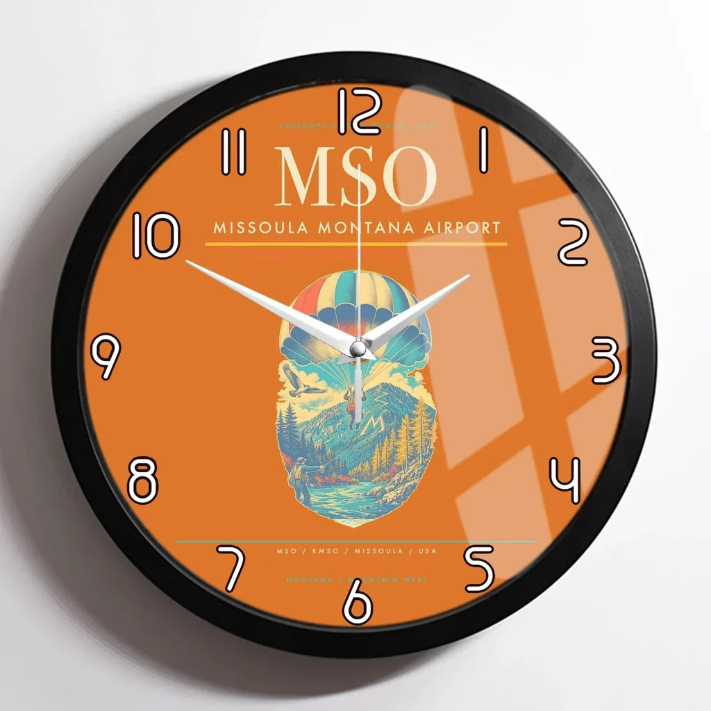 Missoula Montana Airport (MSO) design on orange framed wall clock