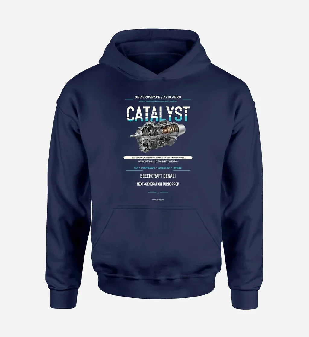 CATALYST design on navy blue hoodie single side