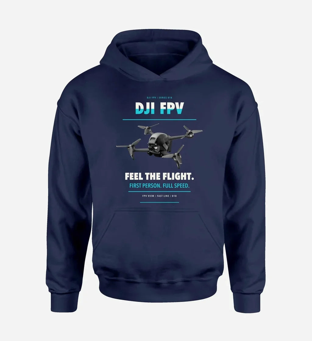 DJI FPV design on navy blue hoodie single side