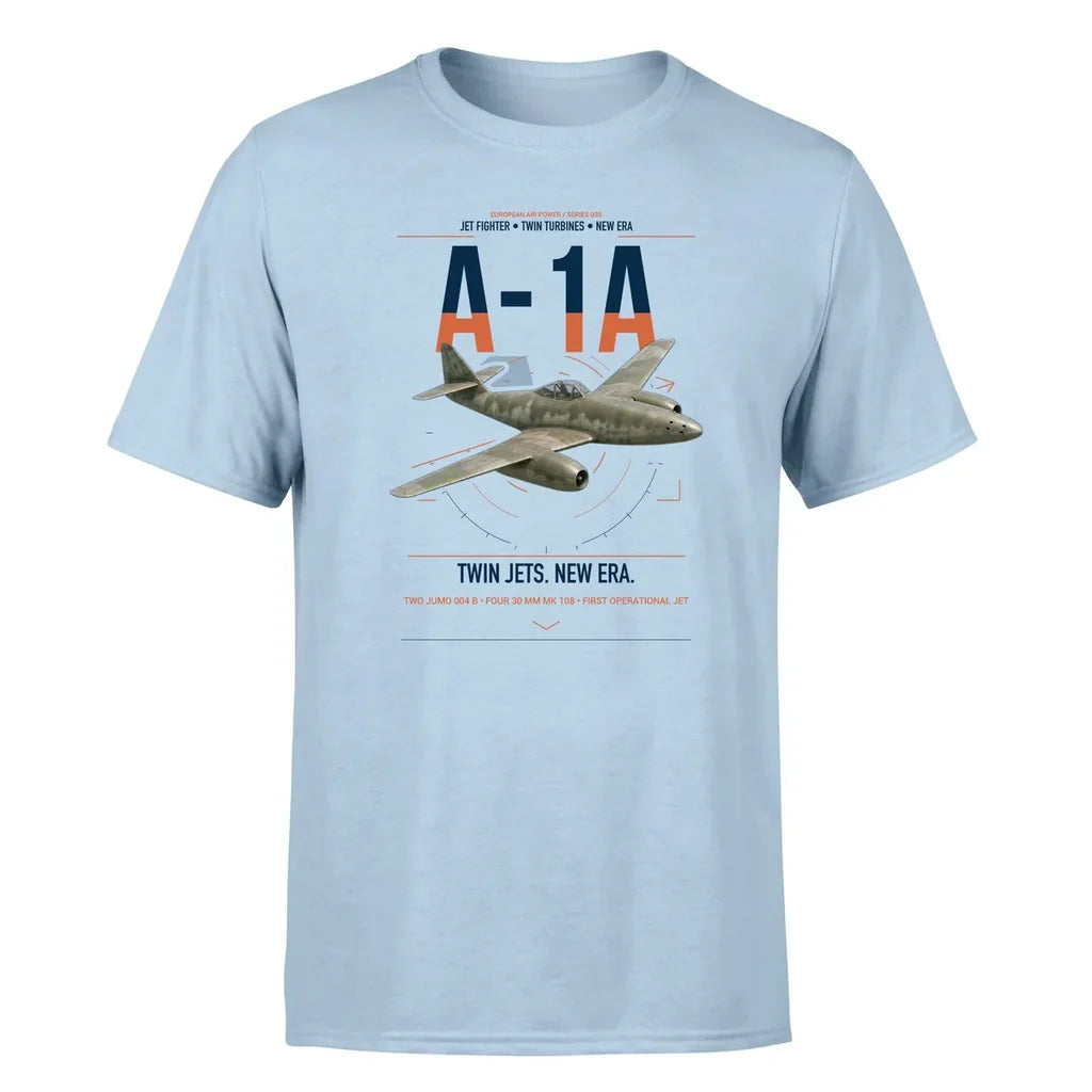 Messerschmitt Me 262A-1a design on light blue t-shirt, single-side print