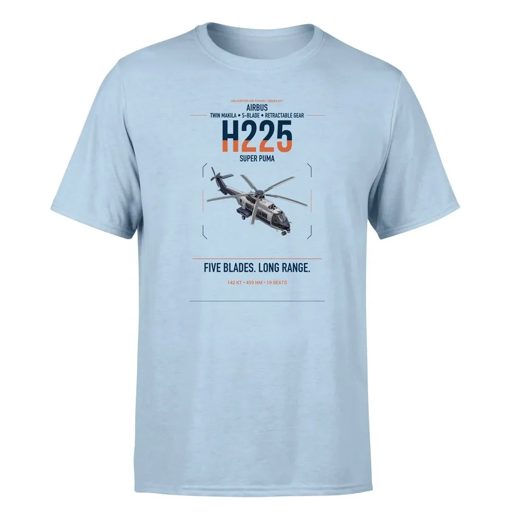 Airbus H225 design on light blue t-shirt, single-side print
