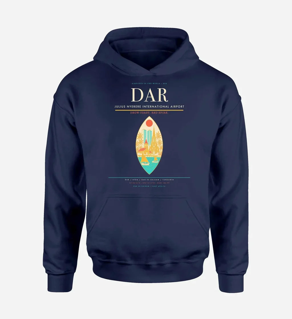 Julius Nyerere International Airport (DAR) design on navy blue hoodie single-side print