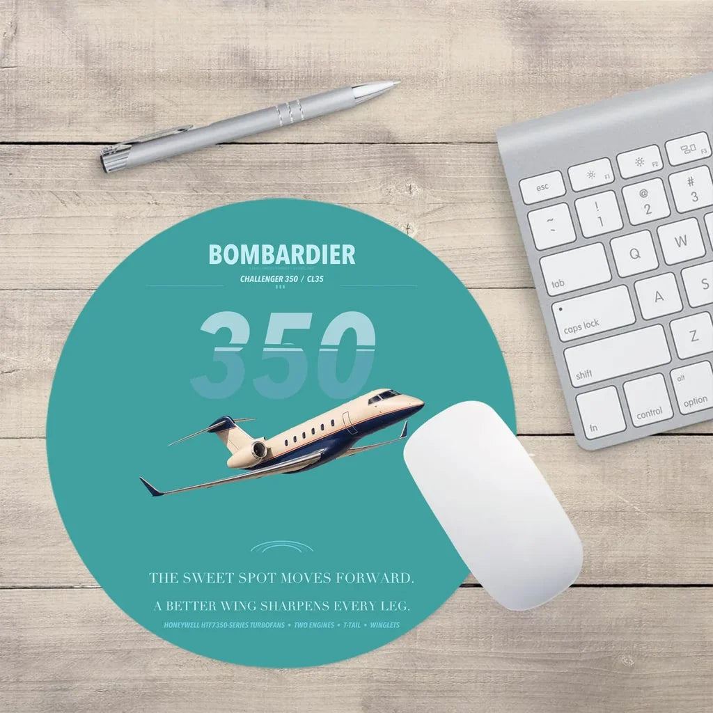 Bombardier Challenger 350 design on turquoise round mouse pad