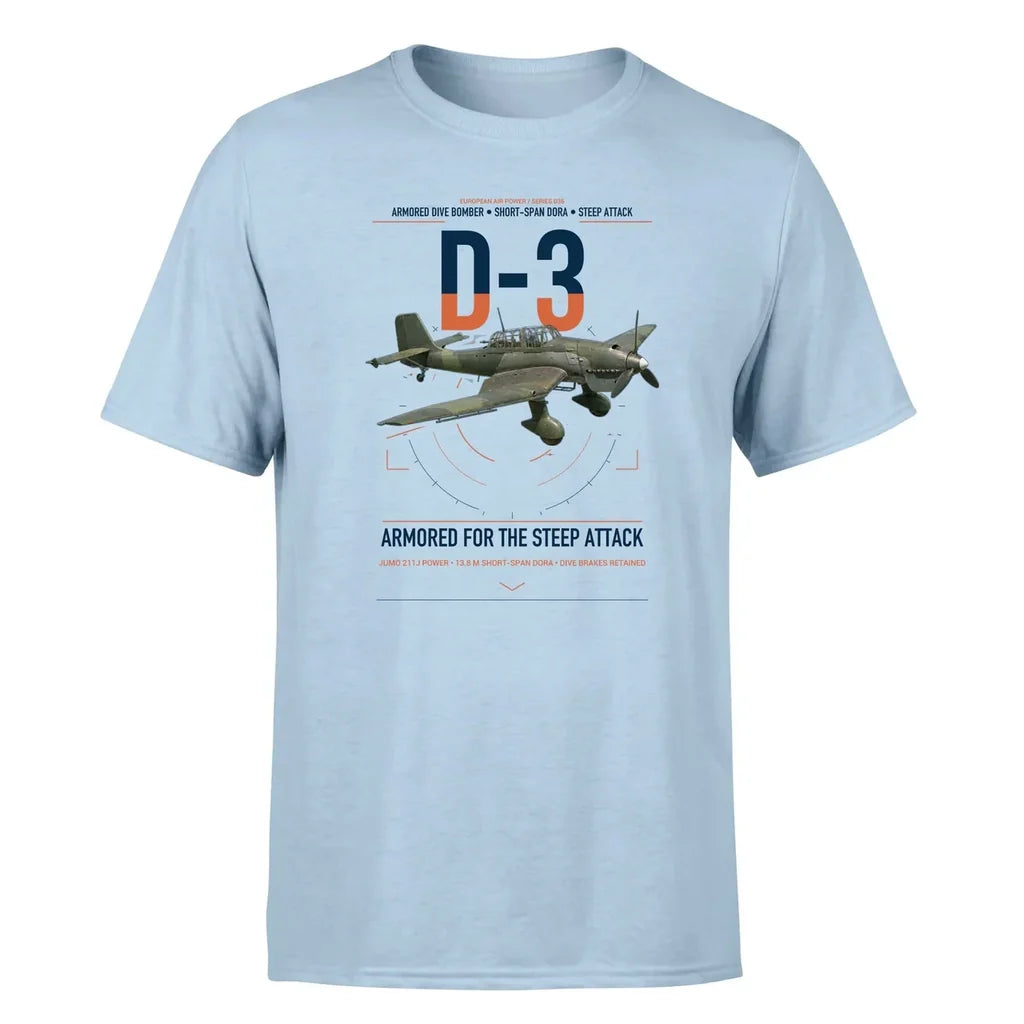 Junkers Ju 87D-3 design on light blue t-shirt, single-side print