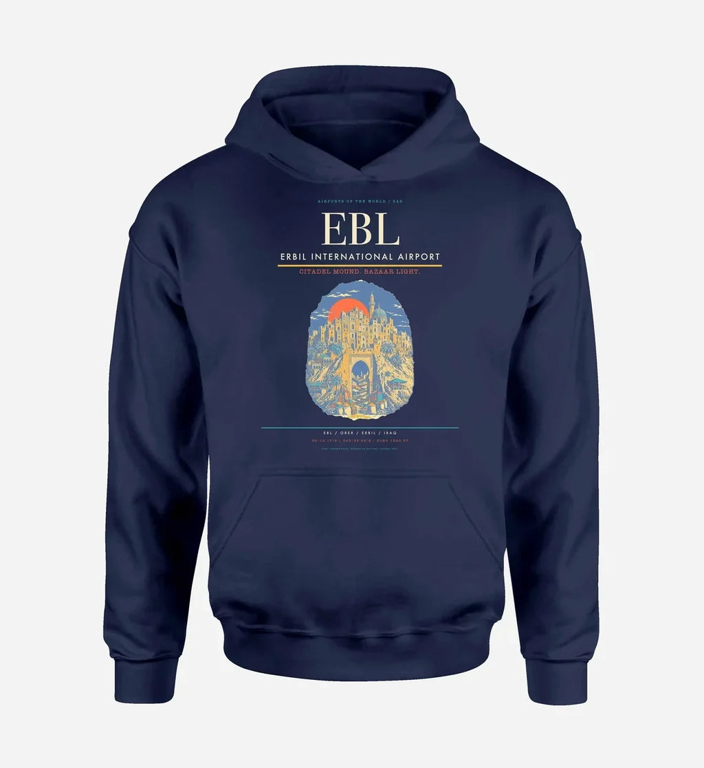 Erbil International Airport (EBL) design on navy blue hoodie single-side print