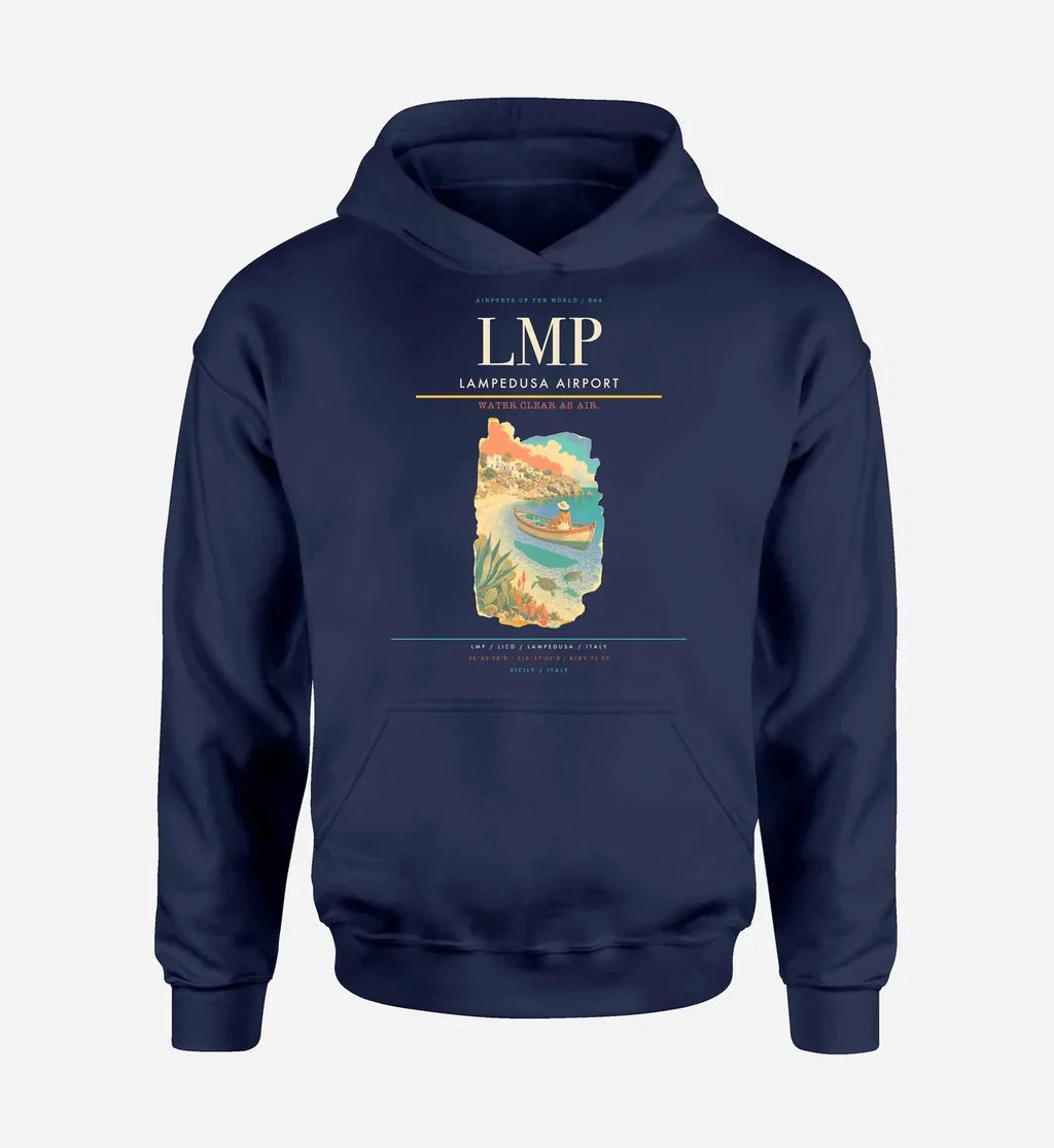 Lampedusa Airport (LMP) design on navy blue hoodie single-side print