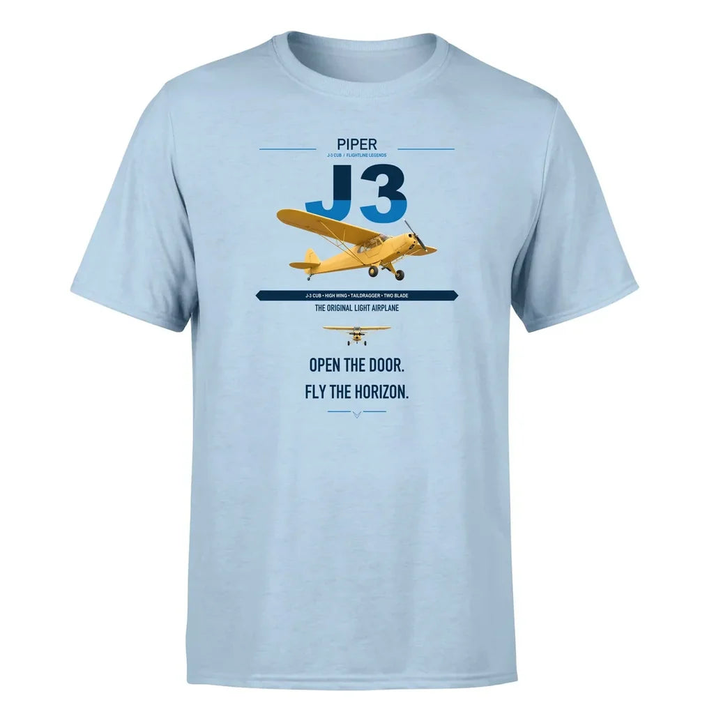 Piper J-3 Cub design on light blue t-shirt, single-side print