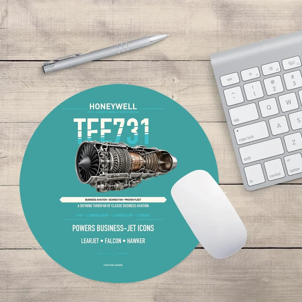 TFE731 design on turquoise round mouse pad
