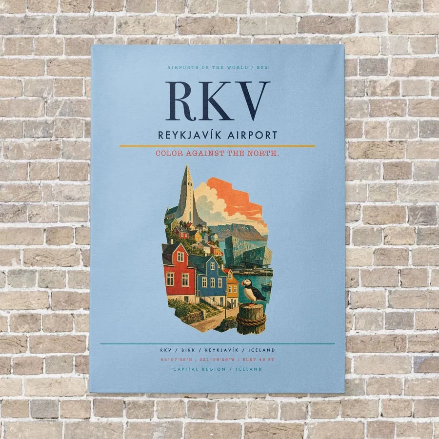 Reykjavík Airport RKV vertical canvas print - no frame - light blue background