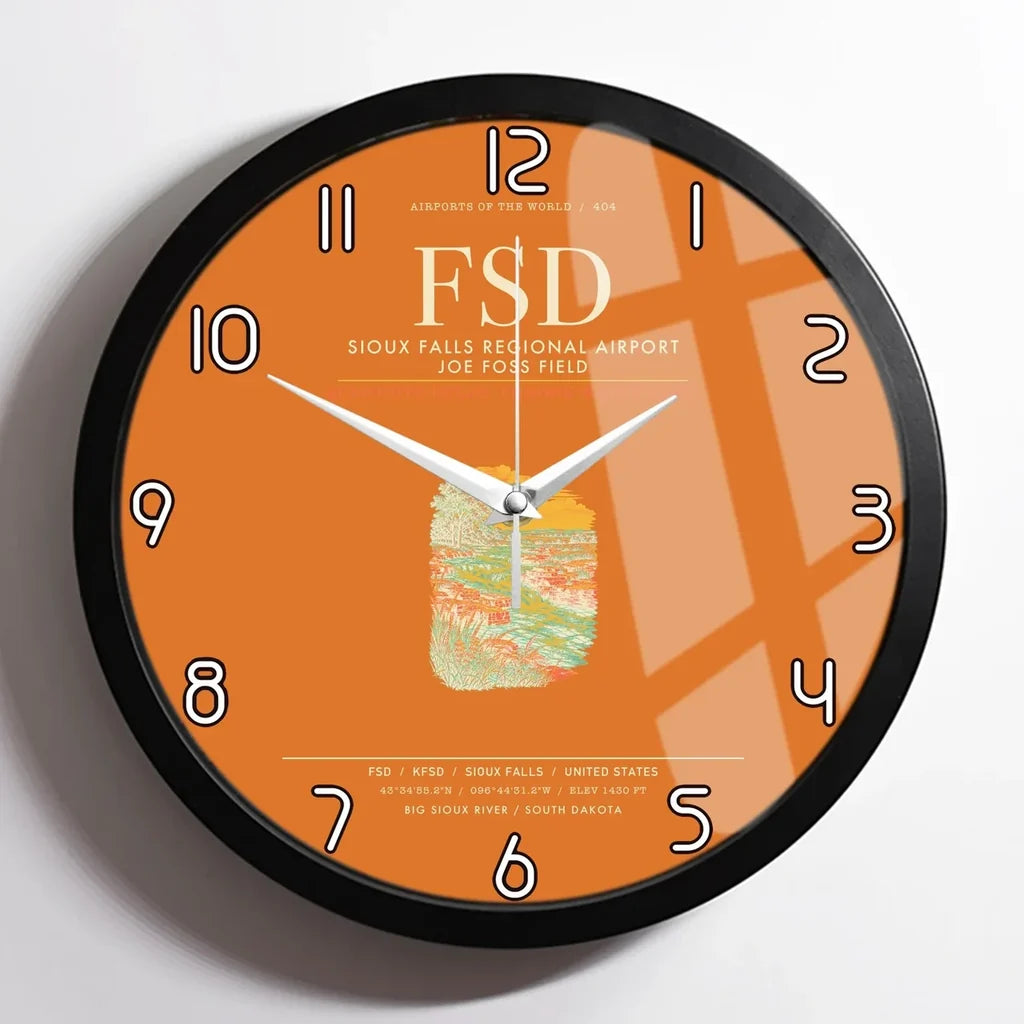 Sioux Falls Regional Airport Joe Foss Field (FSD) design on orange framed wall clock