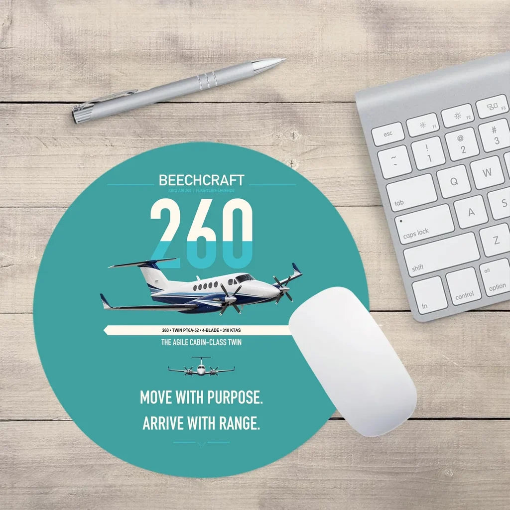 Beechcraft King Air 260 design on turquoise round mouse pad