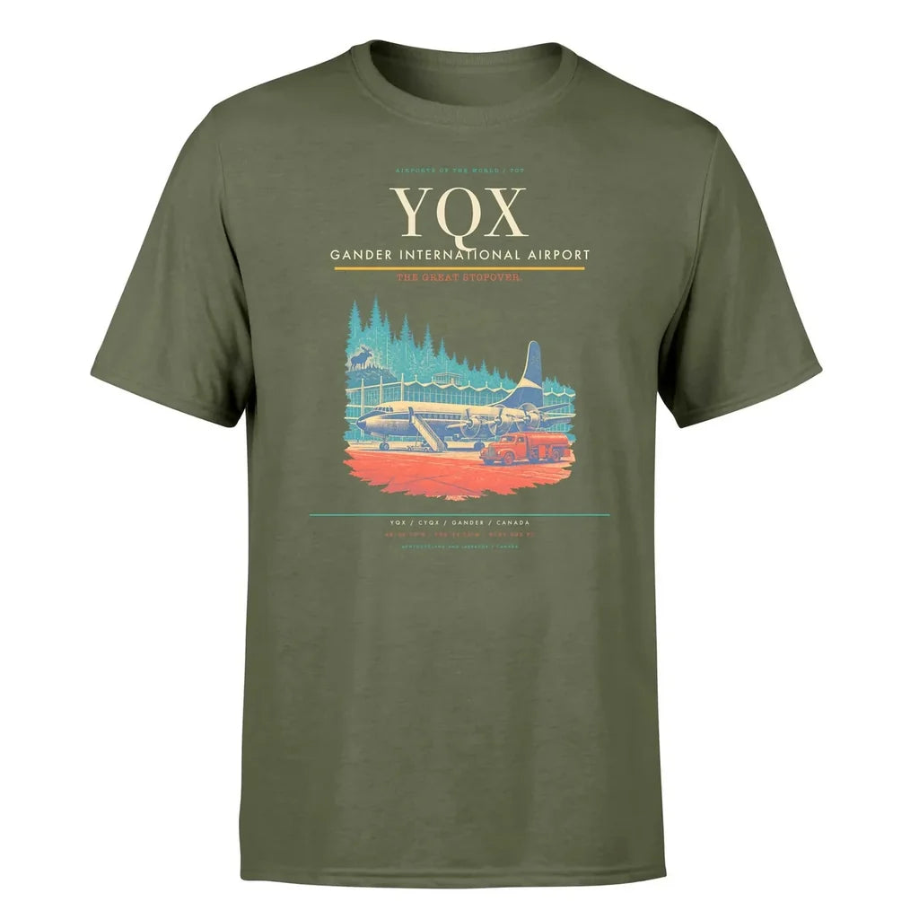 Gander International Airport (YQX) T-Shirt single-side front print in Green Army | gander-international-airport-yqx-double-side-t-shirt