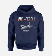 Thumbnail for WC-130J Hurricane Hunter design on navy blue double-side hoodie, single-side print
