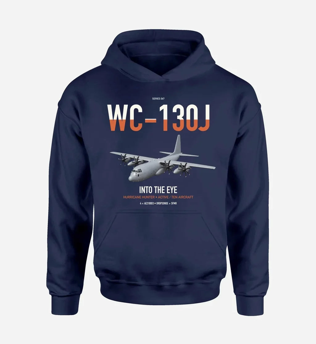 WC-130J Hurricane Hunter design on navy blue double-side hoodie, single-side print