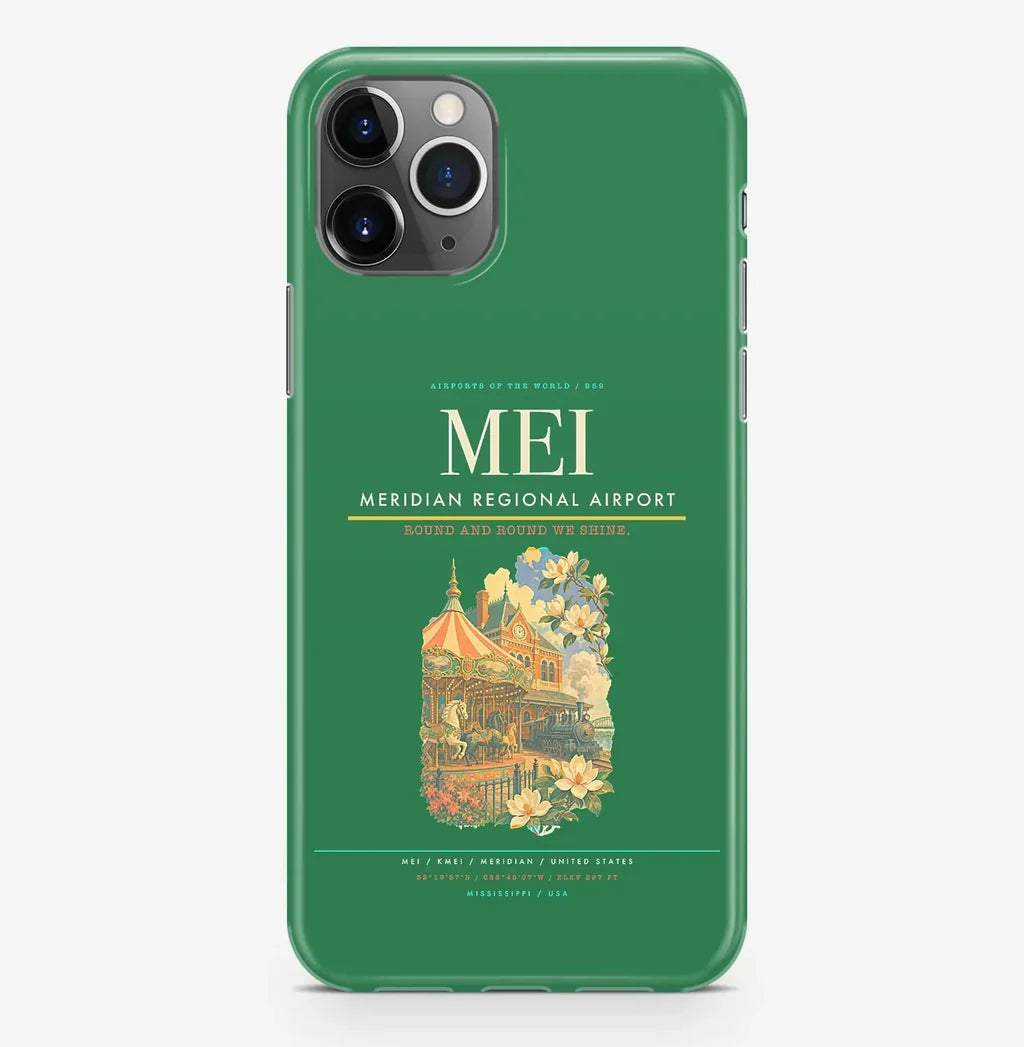 Meridian Airport (MEI) design on green iPhone 16 Pro MagSafe case