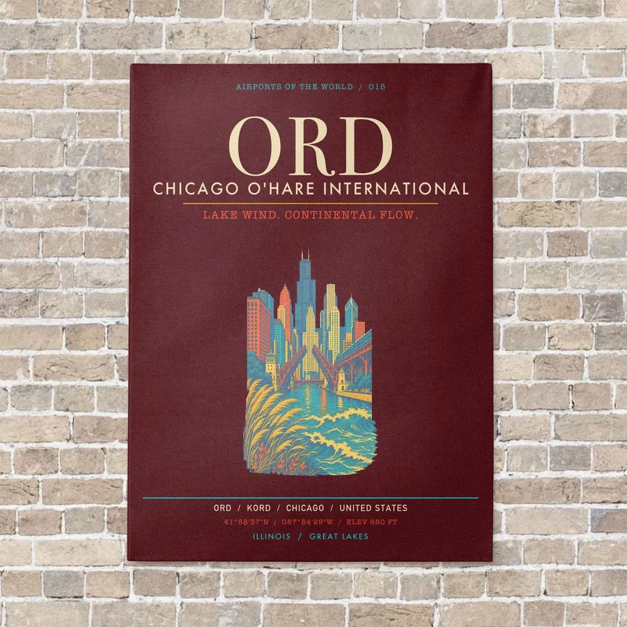 Chicago O'Hare International Airport ORD - Canvas Framed - Dark Red