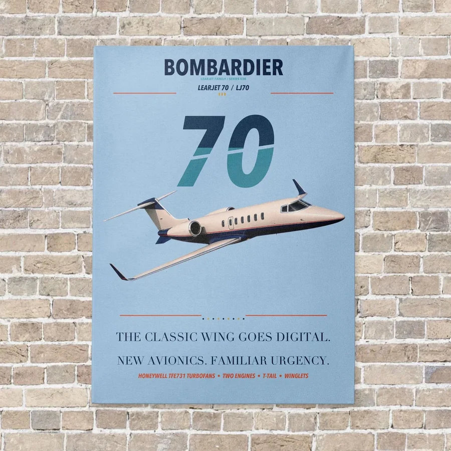 Bombardier Learjet 70 vertical canvas print - no frame - light blue background