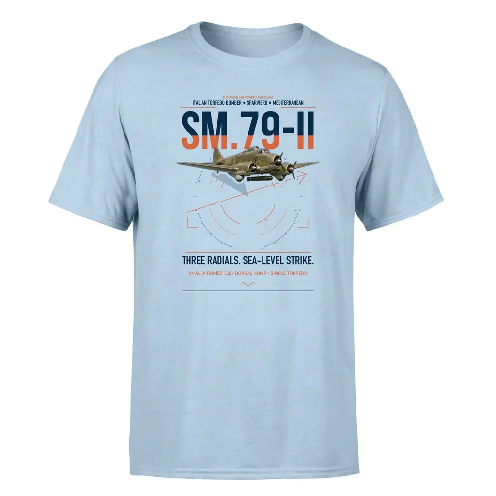 Savoia-Marchetti SM.79-II Sparviero design on light blue t-shirt, single-side print