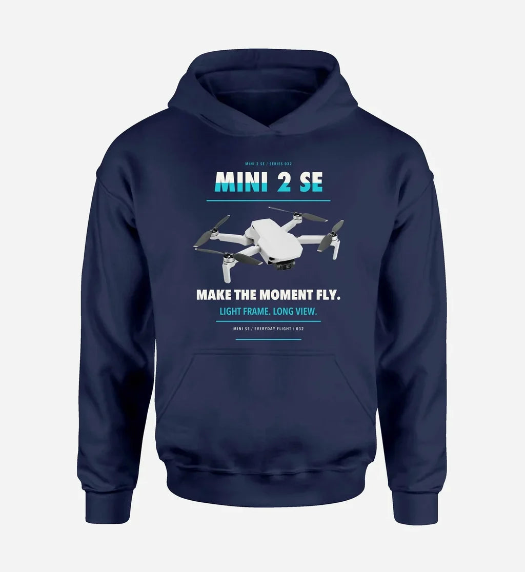 DJI Mini 2 SE design on navy blue hoodie single side