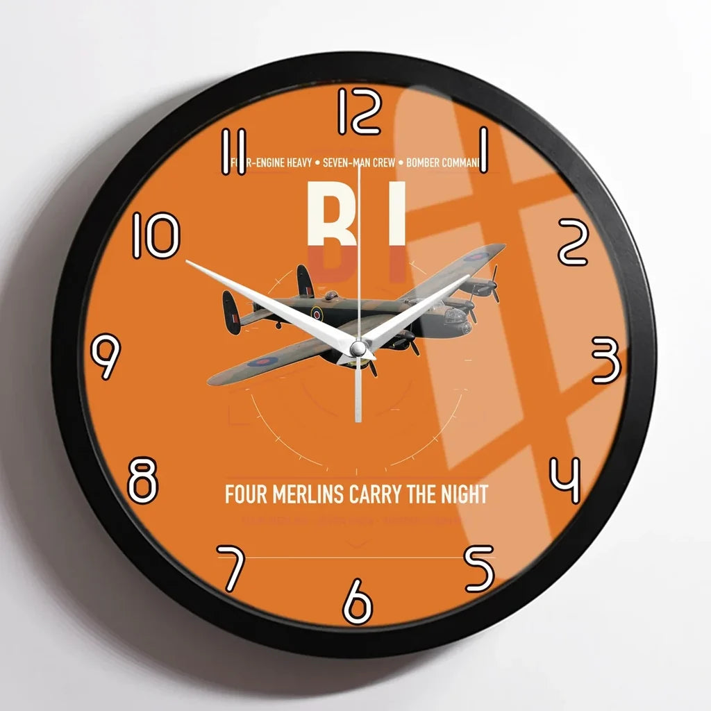 Avro Lancaster B I design on orange framed wall clock