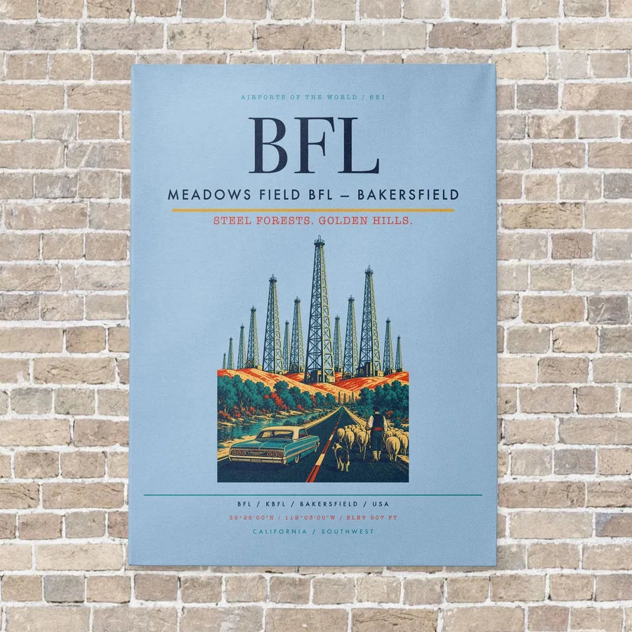 Meadows Field BFL — Bakersfield vertical canvas print - no frame - light blue background