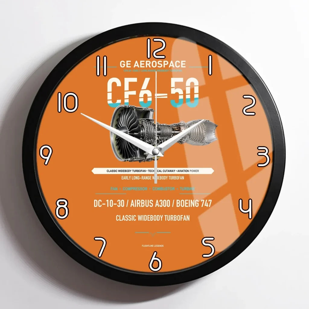 CF6-50 design on orange framed wall clock