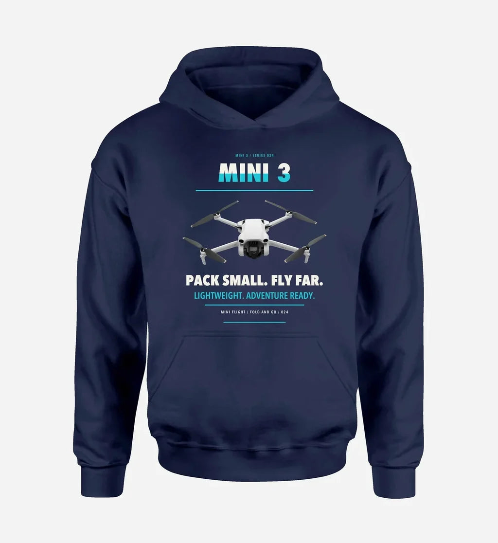 DJI Mini 3 design on navy blue hoodie single side