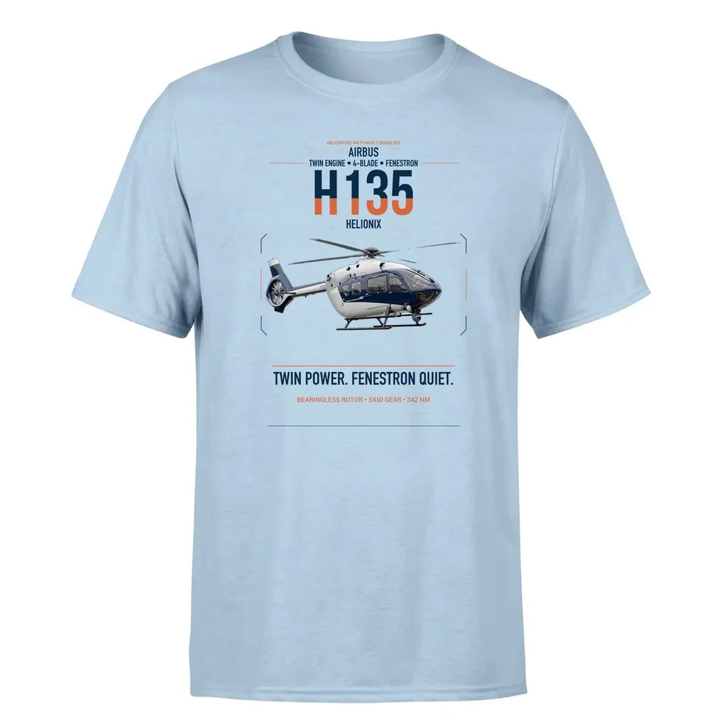 Airbus H135 design on light blue t-shirt, single-side print