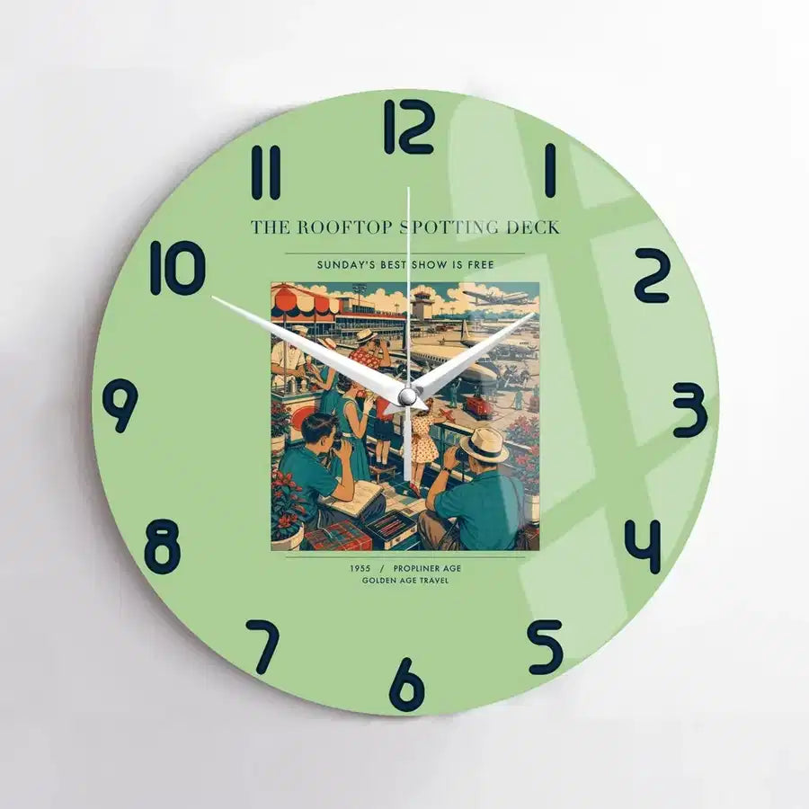 VINTAGE G4221 - The Rooftop Spotting Deck - Designed Wall Clocks design on lightgreen no-frame