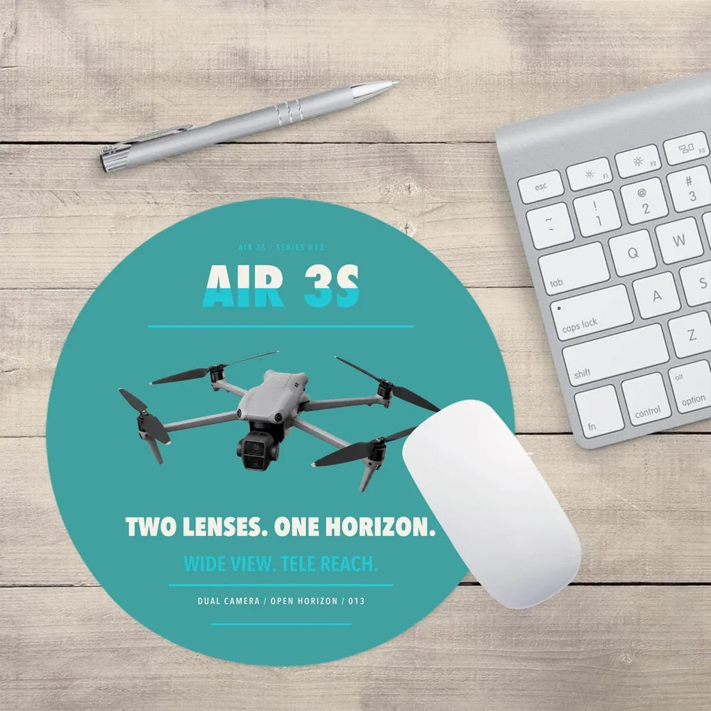 DJI Air 3S design on turquoise round mouse pad