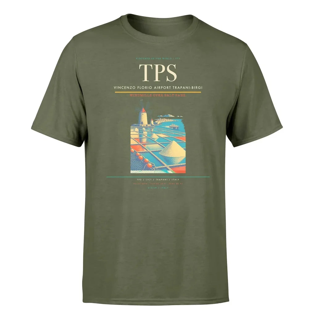 Vincenzo Florio Airport Trapani-Birgi (TPS) T-Shirt single-side front print in Green Army | vincenzo-florio-airport-trapani-birgi-tps-double-side-t-shirt