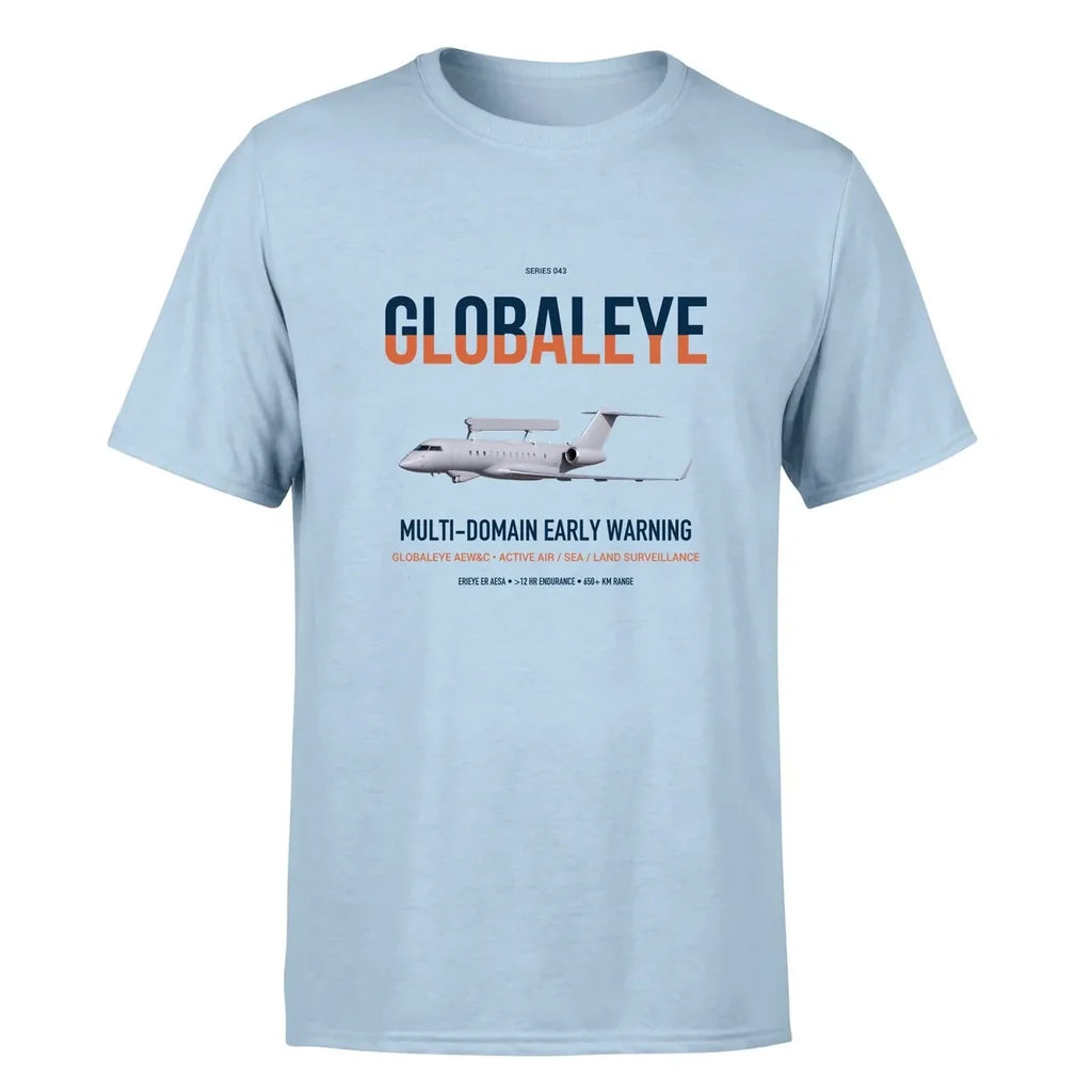 Saab GlobalEye design on light blue double-side t-shirt, single-side print