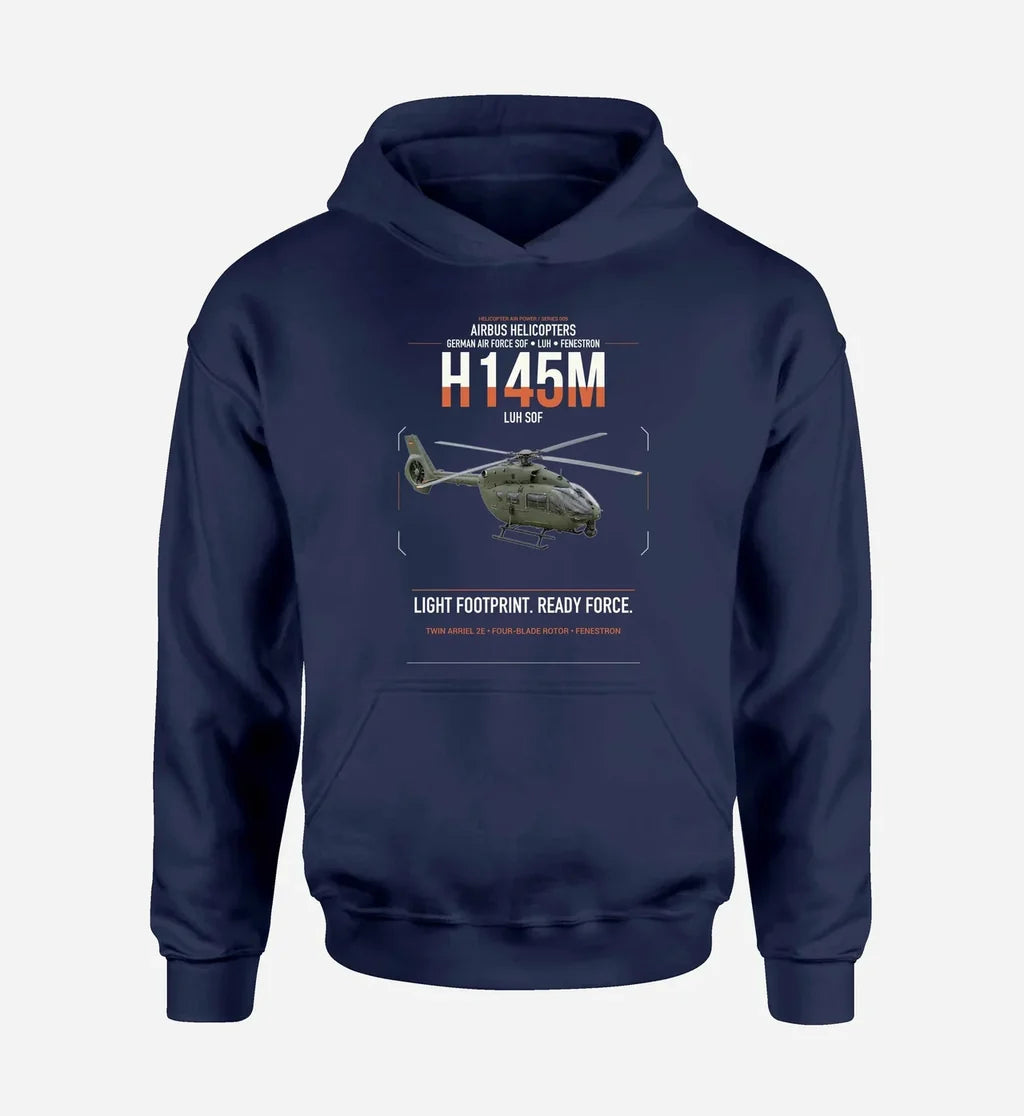 Airbus Helicopters H145M LUH SOF design on navy blue double-side hoodie, single-side print