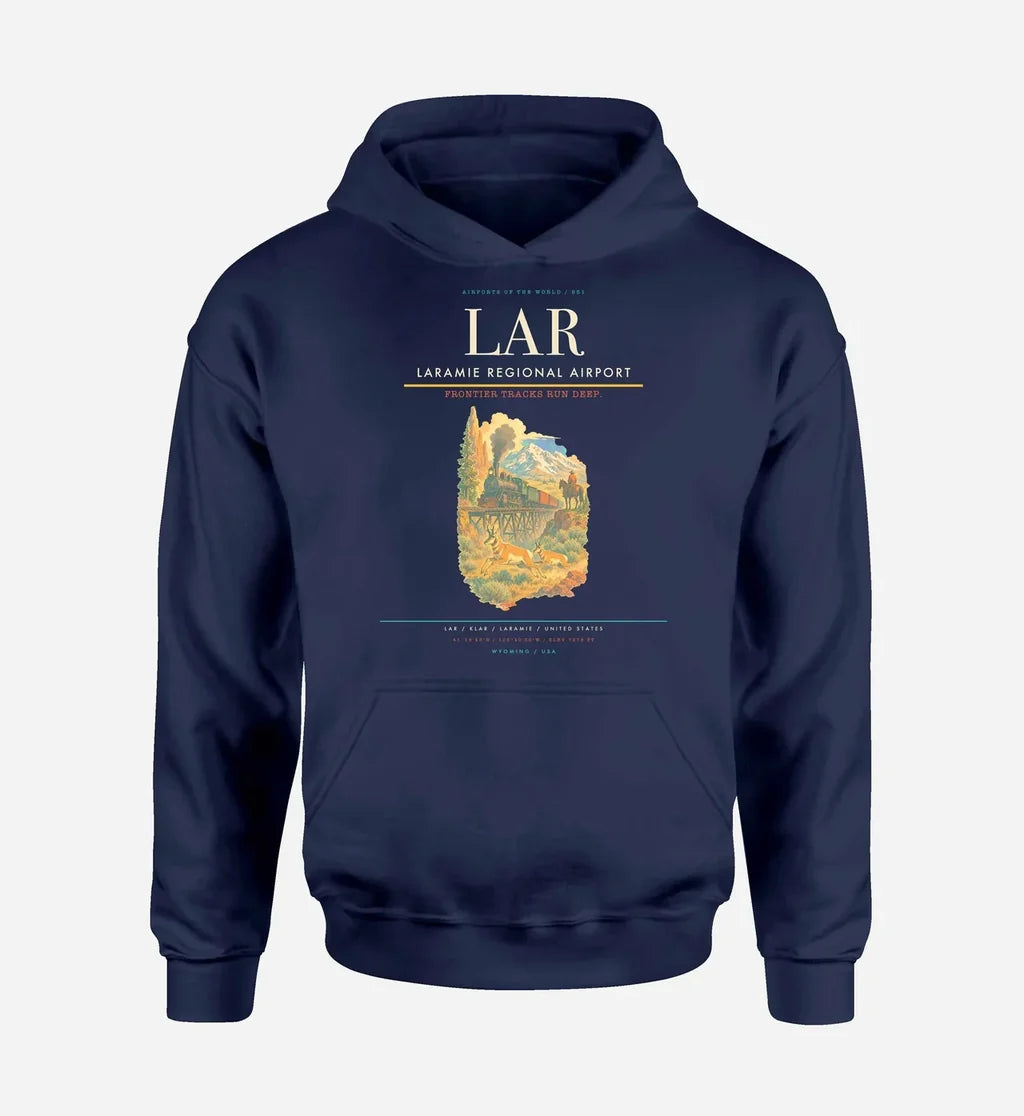 Laramie Regional Airport (LAR) design on navy blue hoodie single-side print
