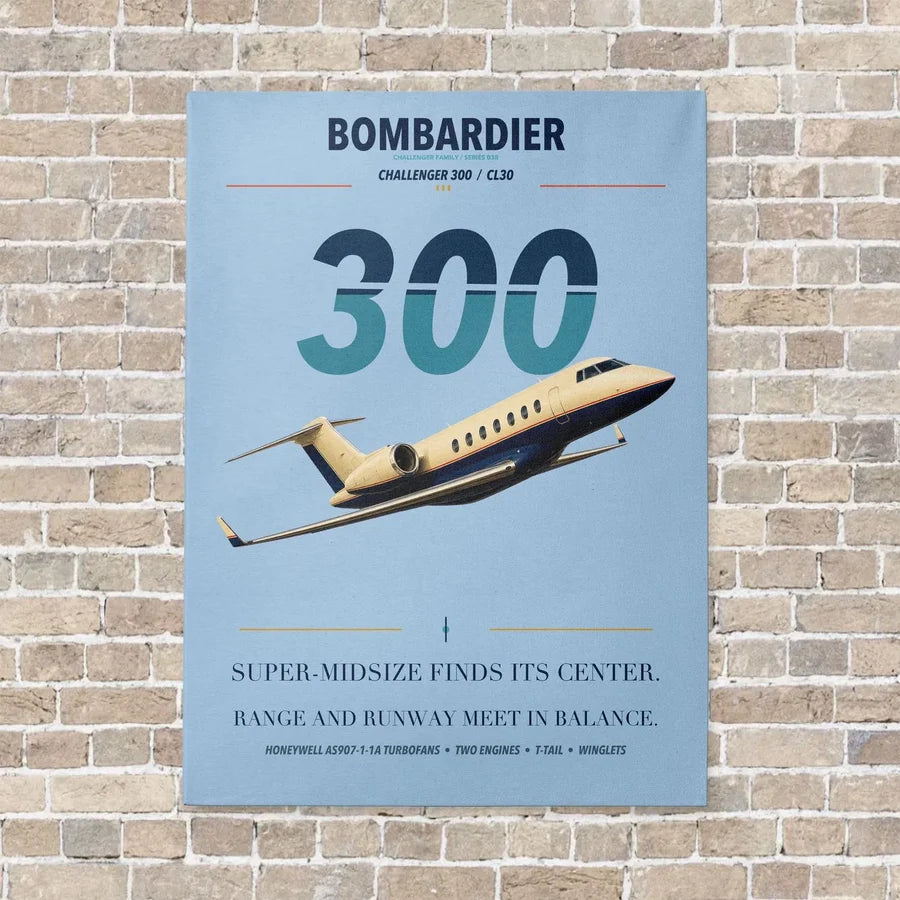 Bombardier Challenger 300 vertical canvas print - no frame - light blue background