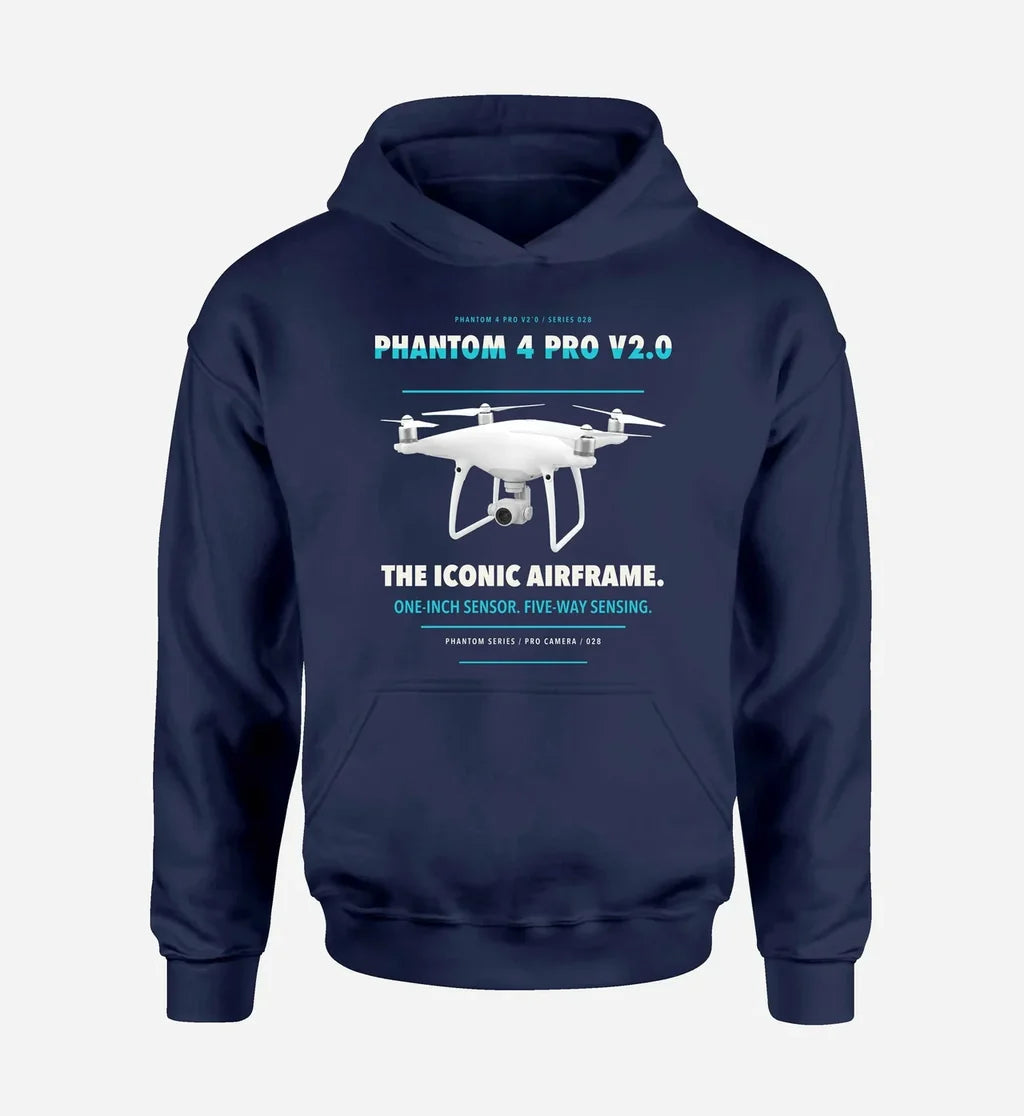 DJI Phantom 4 Pro V2.0 design on navy blue hoodie single side