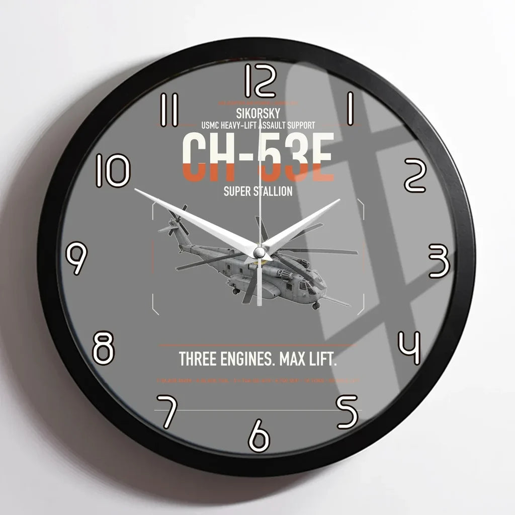 Sikorsky CH-53E Super Stallion design on gray framed wall clock