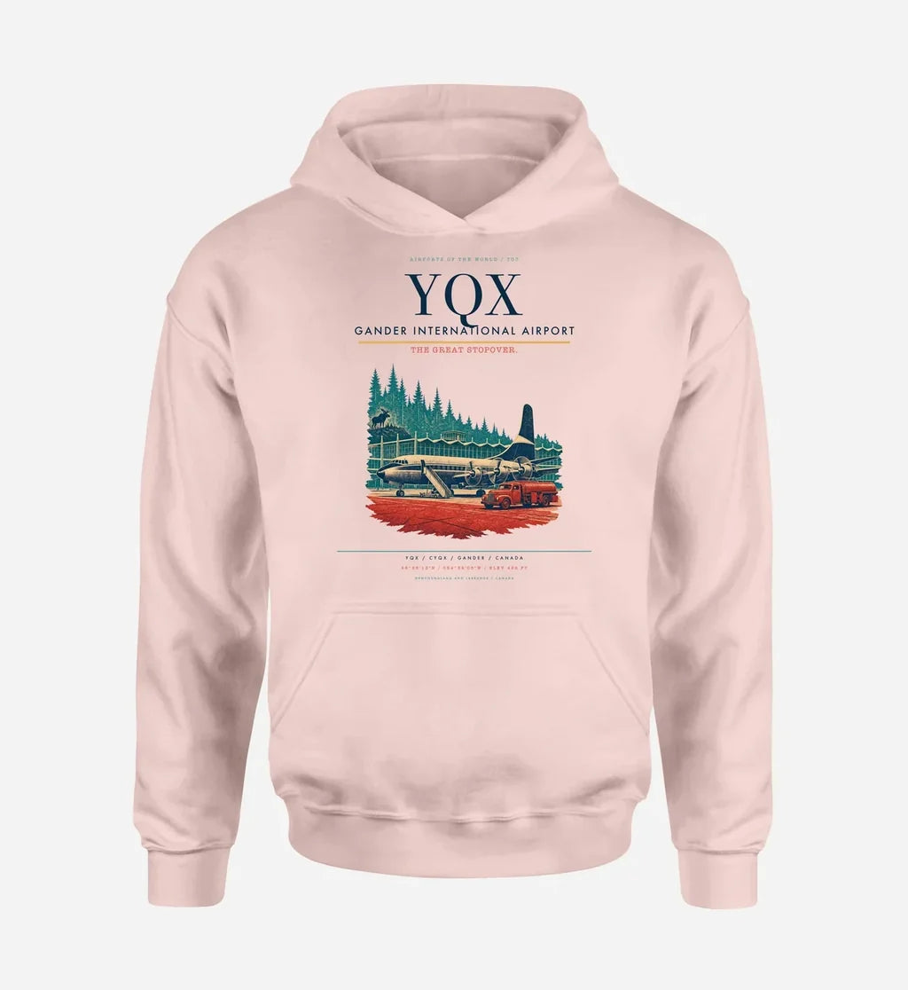 Gander International Airport (YQX) design on pink hoodie single-side print
