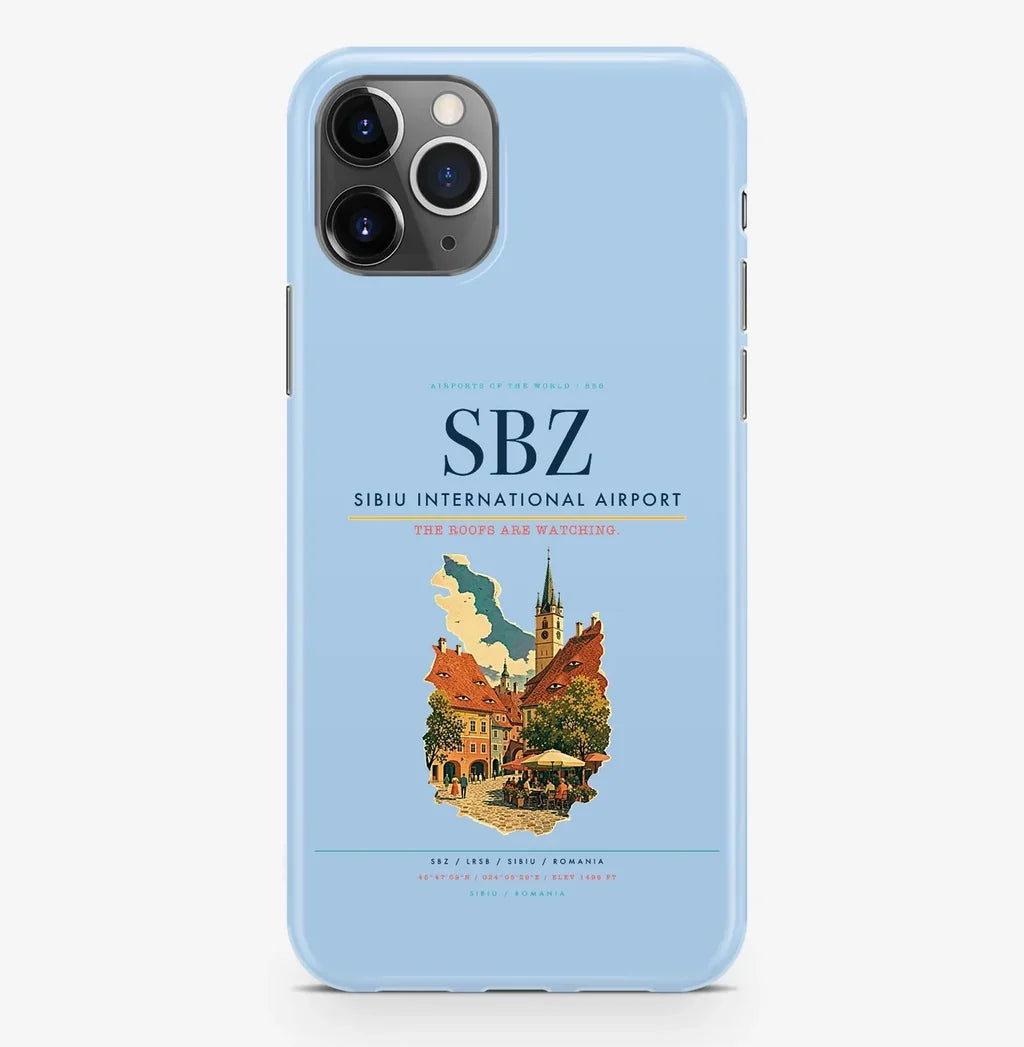 Sibiu Airport (SBZ) design on light blue iPhone 16 Pro MagSafe case