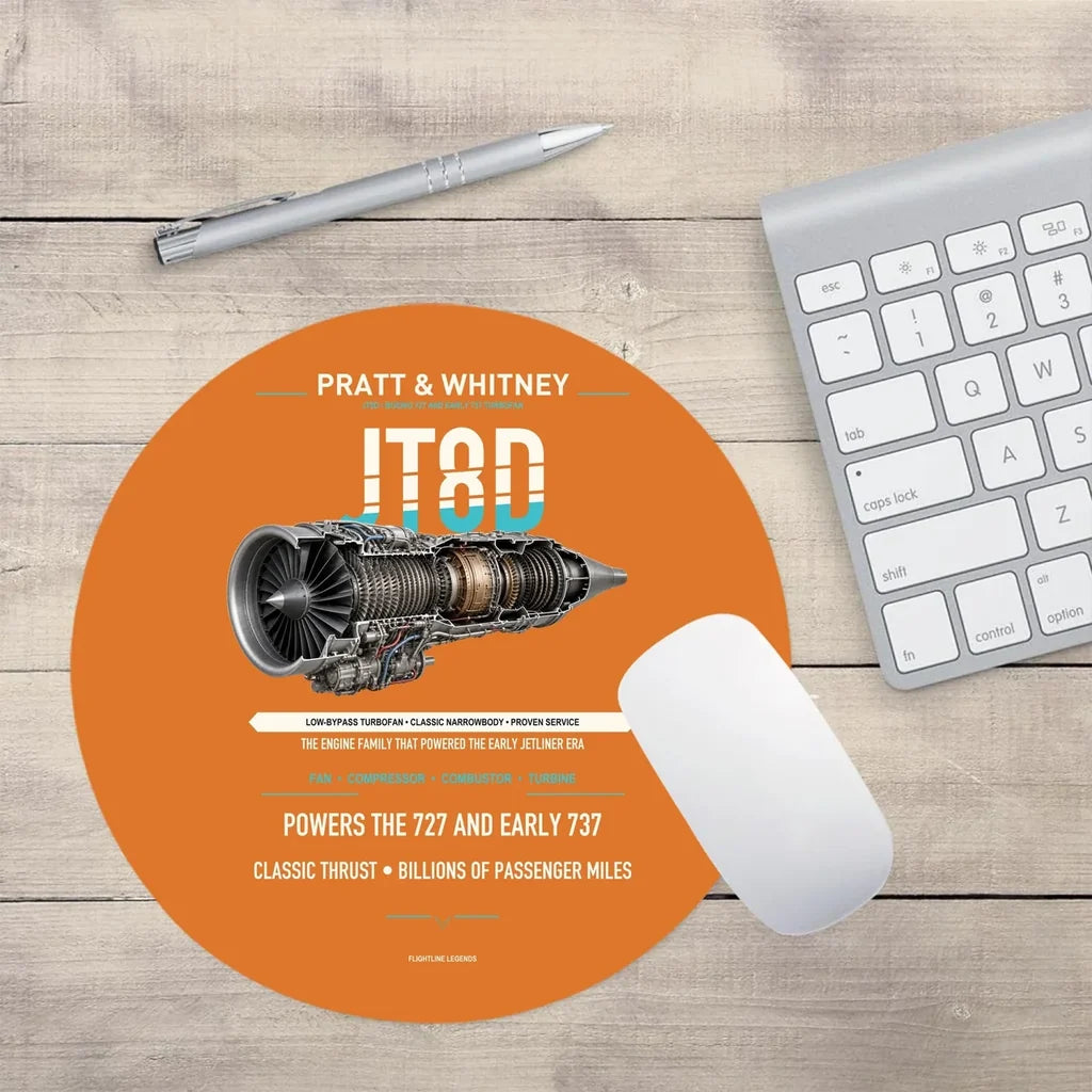 JT8D design on orange round mouse pad