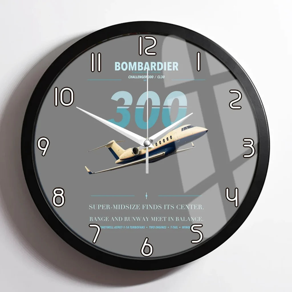 Bombardier Challenger 300 design on gray framed wall clock