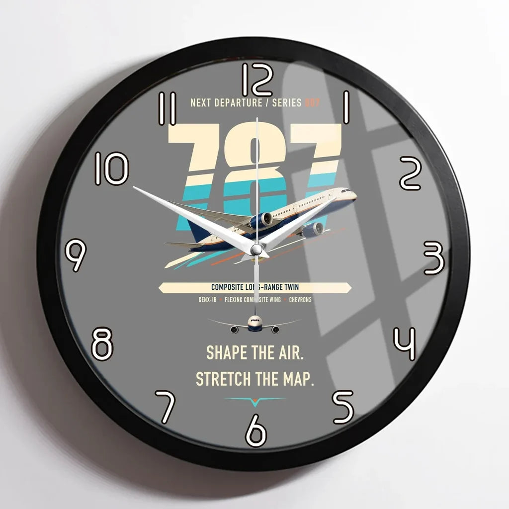 Boeing 787-9 Dreamliner design on gray framed wall clock