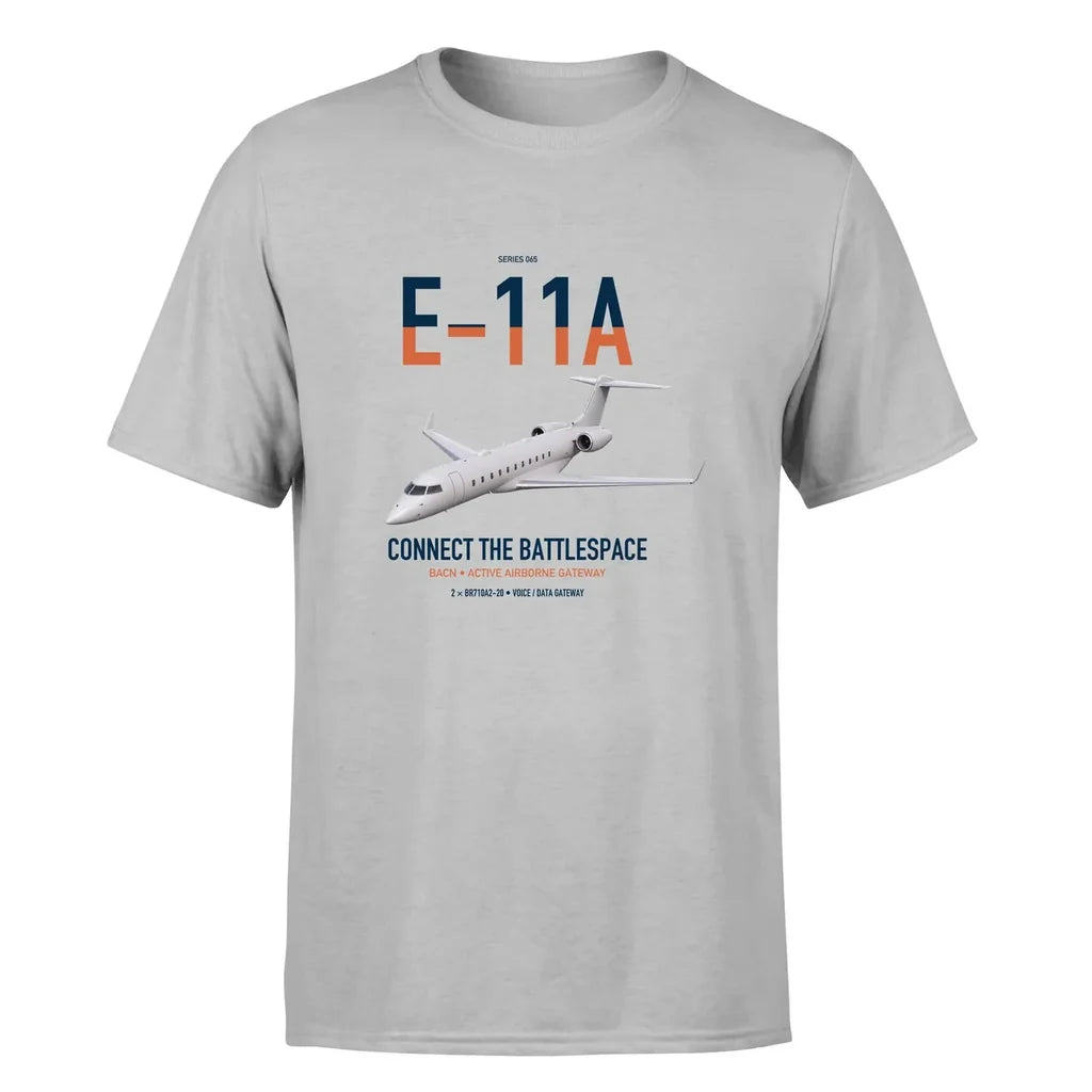 E-11A BACN design on light gray double-side t-shirt, single-side print