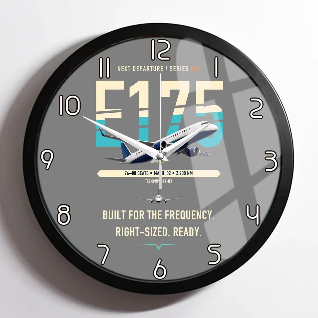 Embraer E175 design on gray framed wall clock